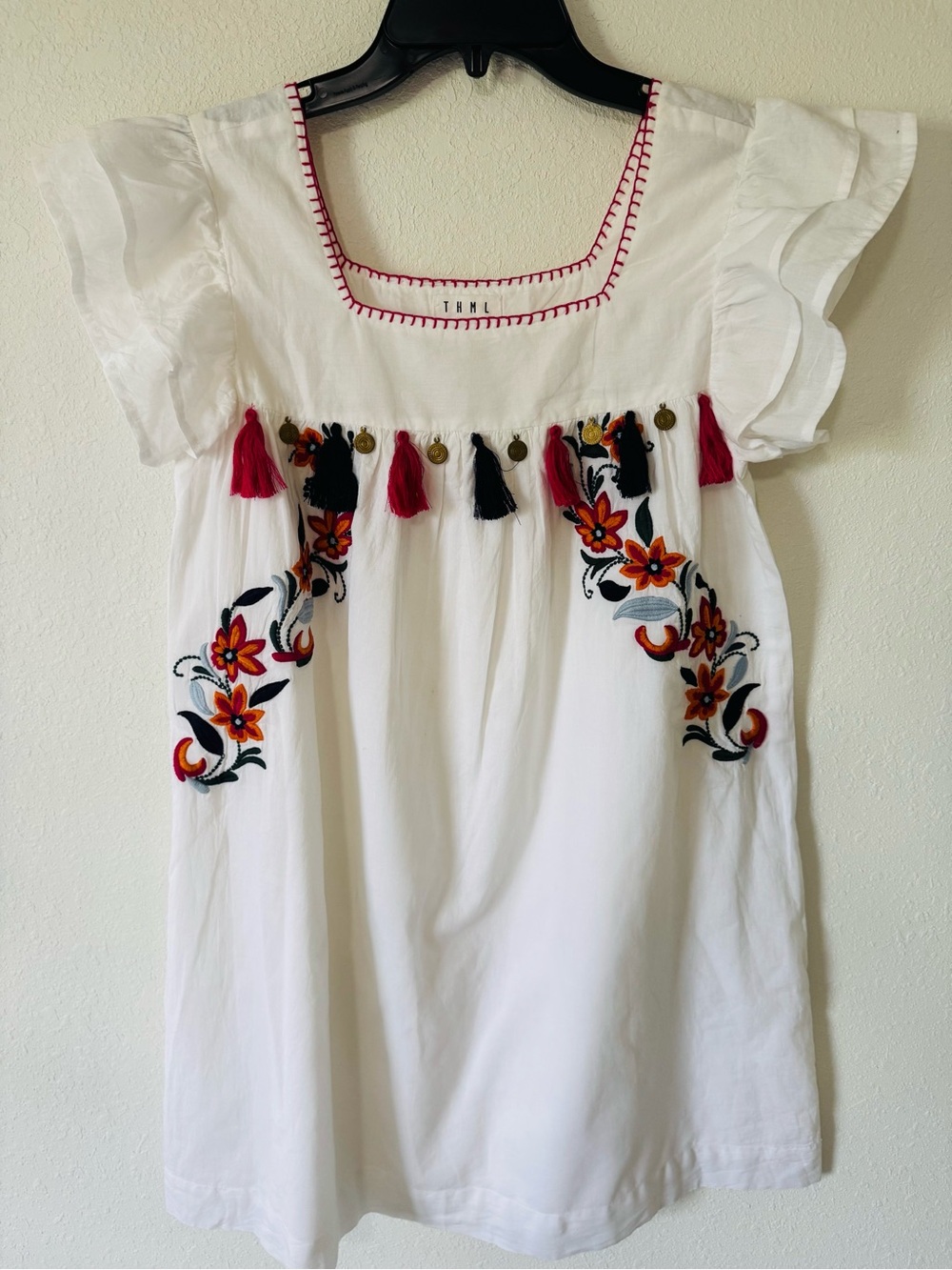 THML White Embroidered-lined- Tassel Peasant Dress with Accents Size Small